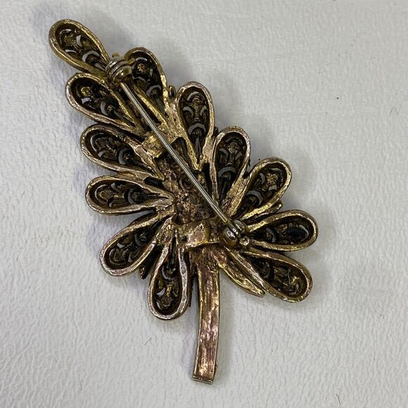 HAR Hargo Creations Leaf Rhinestone Brooch Bronze Gold Tone Vtg 50’s Signed - Picture 4 of 6